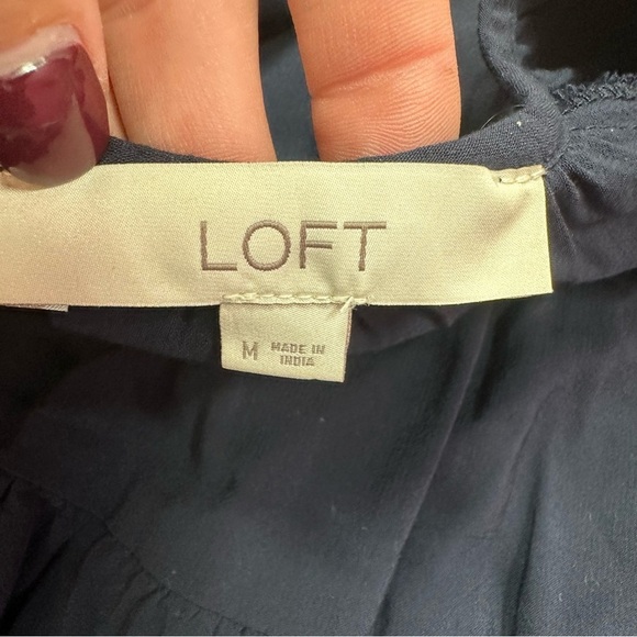 loft navy white 3/4 sleeve blouse key hole neck contrast stitching sz medium - Picture 6 of 8